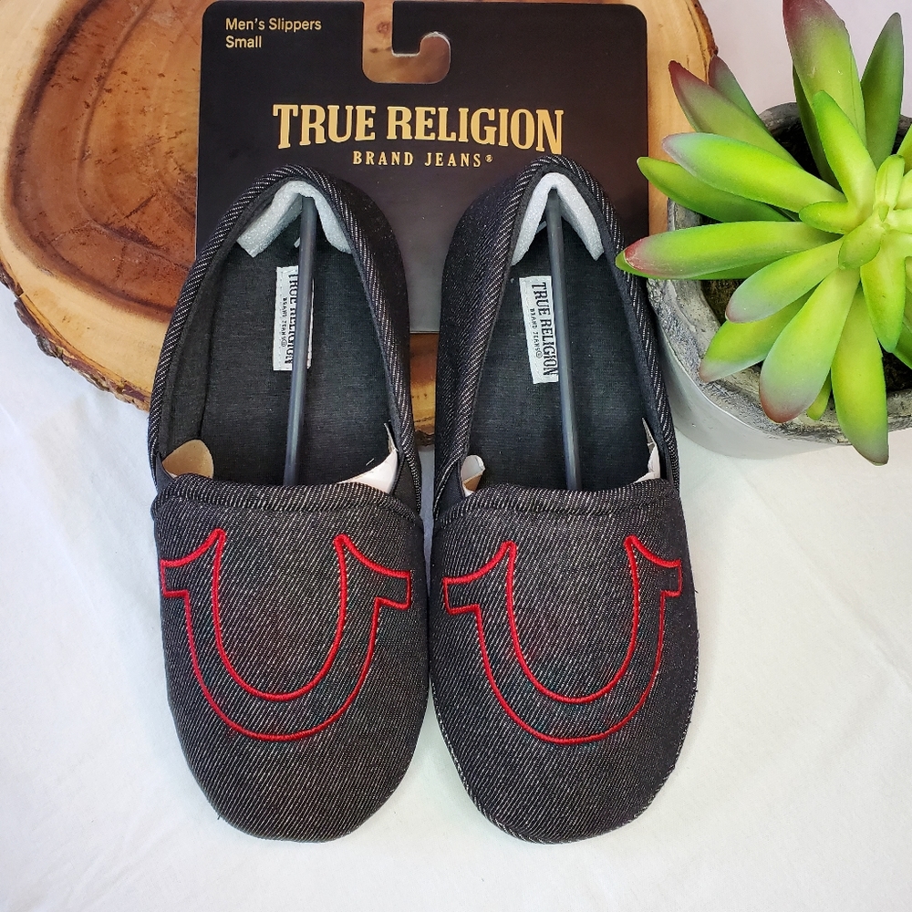 True Religion Mens Embroidered Denim Gray & Red Slip-on Soft Slippers Small